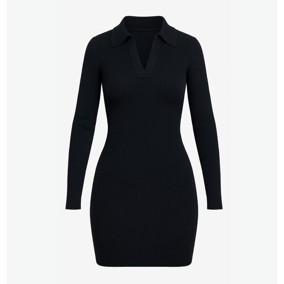 PrettyLittleThing Black Ribbed Knit Bodycon Mini Dress Size 6 Long Sleeve Preppy - Picture 1 of 10